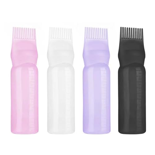 4 Stück Haaröl Applikator Flasche Haare, Wurzelkamm Hair Oil Applicator Bottle, Flasche mit Haarfärbebürste (Rosa, Weiß, Lila, Schwarz)