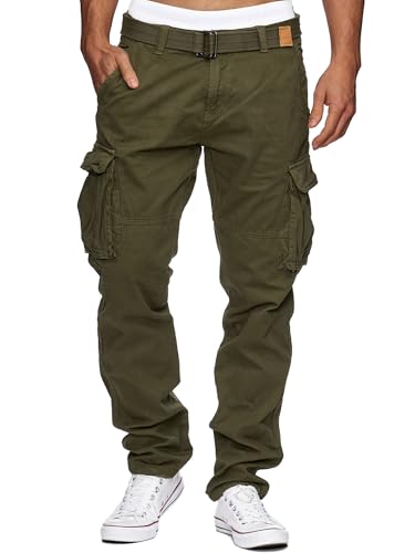 Indicode Herren William Cargohose aus Baumwolle m. 7 Taschen inkl. Gürtel | Outdoorhose Army M