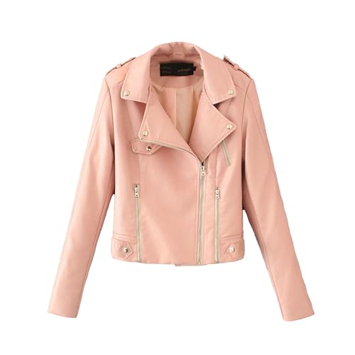 OULIWANGLUO Damen Leichte Reverskragen Lederjacke Sexy Casual Kunstlederjacke Frühling Herbst Bikerjacke (Rosa,3XL)