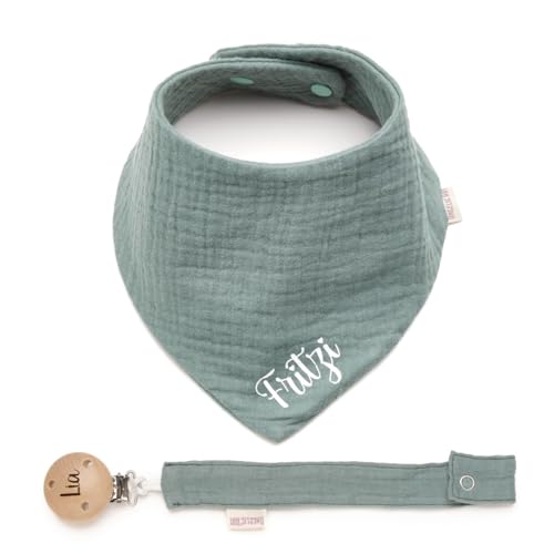Personalisiertes Dreieckshalstuch aus Musselin, Halstuch für Jungen, Mädchen, mit Druckknopfverschluss, in verschiedenen Farben mit Wunschnamen | Schnullerband mit Namen Set (Dunkelmint)
