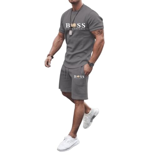 WAZHAKU Jogginganzug Herren Trainingsanzug Baggy Sportanzug Bequeme Atmungsaktive Sommer Outfit 2-teiliges Set mit Tshirts und Sporthose Stretch Fitnessanzug Activewear Streetwear Freizeitanzug