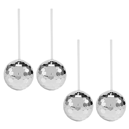Iunipusy 4 Stück Discokugel Becher, Geformte Cocktailgläser, Glitzer Zubehör, Mit Deckel & Strohhalm, Discokugel Trinkbecher für Disco-Themenpartys, Wein, Cocktails und andere Getränke