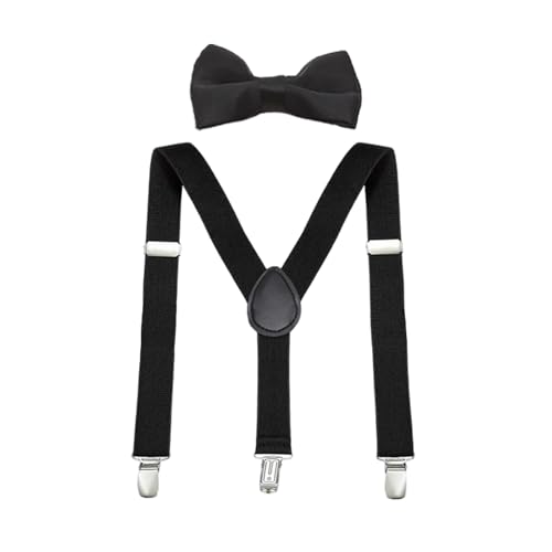 CXNXFD Kinder Hosenträger Fliege Set, Kinder-Hosenträger mit Elastischer Y-Form Verstellbar mit Clips (Schwarz)