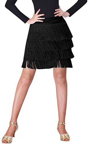 SEAUR Bauchtanz Hüfttuch Fransen Rock Damen Latein Tanzrock Rumba Cha Cha Samba Tanzen Rock Ballsaal Tanzkleid Schwarz - 3XL
