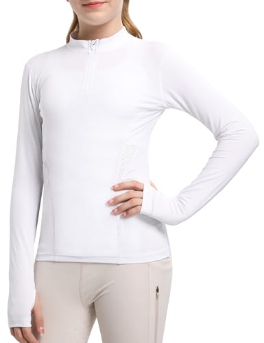 FitsT4 Sports Kinder Sonnenschutz Shirt Langarm Turniershirt Reitshirt Half Zip Schnelltrocknend Sommer trocken Mädchen Daumenloch Sweatshirts für Outdoor Sport,Weiß,L