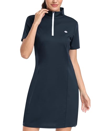 MoFiz Damen Kleider Sommer sportkleid Polo Kleid golfkleid Baumwolle tenniskleid mit Reißverschluss Blau-B XL