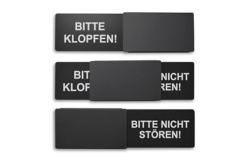 Frei/Besetzt-Schild Style: "BITTE KLOPFEN/BITTE NICHT STÖREN" (schwarz) 175x50mm - Design Made in Germany - Gravierte Buchstaben - Rahmenloses Schild, Metallschieber - 2 Klebepads der Marke 3M