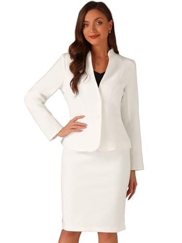 Allegra K 2-teiliges Business-Set für Damen Kragenloser Blazer und formeller Bleistiftrock, weiß, Small