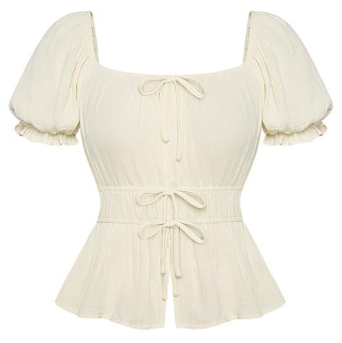 SCARLET DARKNESS Cottagecore Oberteile Off Shoulder Kurzarm Trachtenbluse mit Rüschen Summer Tops für Damen Party Aprikose XL