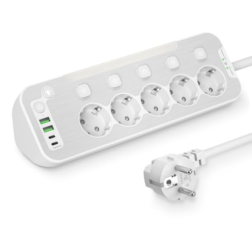 Steckdosenleiste Einzeln Schaltbar,5-fach Mehrfachsteckdose mit Schalter Tischsteckdose mit LED-Nachtlicht und Edelstahlfrontplat Ecksteckdose für Küche,Steckerleiste Überspannungsschutz 2M Kabel,Weiß