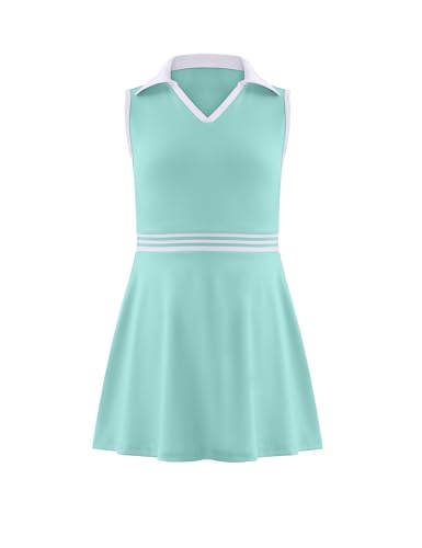 Kukume Tenniskleid für Mädchen, Golf-Outfit, ärmellos, athletische Kleider, Polo-V-Ausschnitt, Sportrock mit Taschen, 4–13 Jahre, Mintgrün, 12-13 Jahre