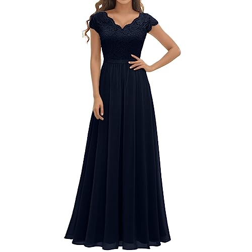 Generisch 2025 - Elegantes Damenkleid mit Spitzennähten und Langer Taille Kleider Für Hochzeitsgäste Damen (Blue, M)