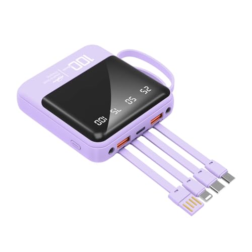 Tragbares 10000mAh-Handy-Ladegerät mit Integrierten Kabeln und Taschenlampe, Externer Powerbank-Akku, Kompatibel mit iPhone, Samsung, Google, LG, iPads und Mehr (Lila)