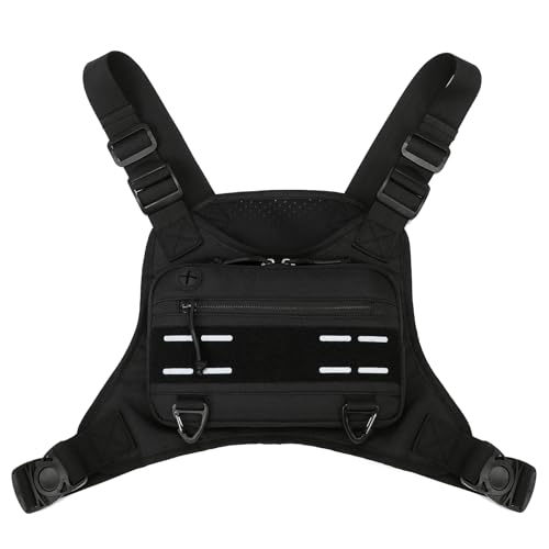 Explokit Taktische Sport-Brusttasche für Männer zum Gehen Laufen Angeln Radfahren Wandern Molle-Laufweste mit Kopfhöreranschluss & Verstellbaren Gurten (#01-Schwarz)