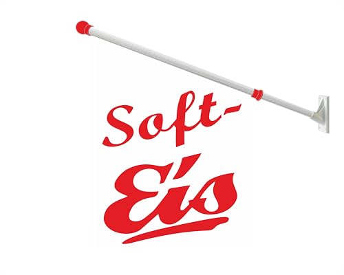 Werbeflagge (Fahne mit über 50 Varianten, Text und Bild, z.B. Eis, Döner, Kaffee, Crepes, Waffeln, Pommes uvm.) Ideal für Kiosk, Restaurant oder Kirmes, weiß (Softeis)