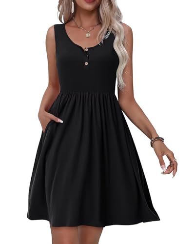 Tanmolo Kleid Damen Sommer Knielang Freizeitkleider Knopf Tank Kleid Mit Taschen Elastic Dress (Schwarz M)