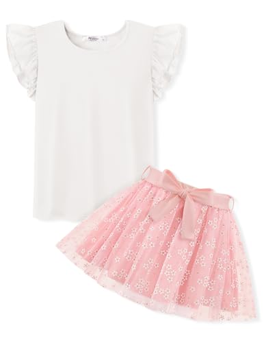 Arshiner Mädche Sommer Kleid Kleidungsset Fliegenden Ärmeln Weiß T-shirt mit Rosa Rock Zweiteiliges Kinder Bekleidungssets Tüll Kinderkleid Party Kleidung Festlicheskleid mit Gürtel 90/3-4 Jahre