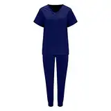 Einfarbiges Damen-T-Shirt mit Tasche und V-Ausschnitt, einfarbig, Damen, neuer Sportklinik-Overall Damenanzüge Festlich (Navy, XL)