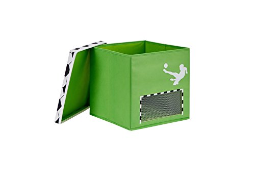 Love IT Store IT Fußball Aufbewahrungsbox mit Deckel - Spielzeugkiste für Kallax Regal aus Stoff - Verstärkte Wände und Deckel - Grün mit Tornetz - 30x30x30 cm