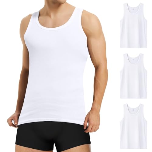 Mowenti Unterhemd Herren 3er Pack Tank Top Weiß Herren Unterhemden 100% Baumwolle Muskelshirt Achselshirts Tanktop für Sport Gym Business L