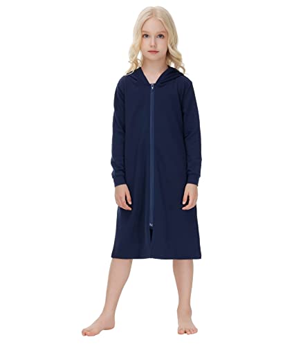 Alunsito Kinder Baby Junge Mädchen Reißverschluss Robe Herbst Winter Langarm Loungewear Knielanges Nachthemd Einfarbig Hoodie Hausmantel mit Taschen 150 Dunkelblau 11–12 Jahre