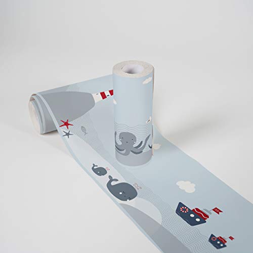 A.S. Création selbstklebende Bordüre - Papierbordüre mit kinderfreundlichen Motiven in Grau, Rot und Blau - auf 5,00 m x 0,15 m je Rolle