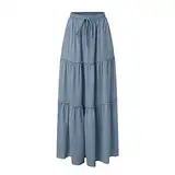 Skang Maxi Rock Für Damen Sommer Damen-Frühling/Sommer, lässig, hohe Taille, Baumwolle und Leinen, einfarbig, plissiert, lockerer Swing, halblanger Rock Rock A Linie Knielang