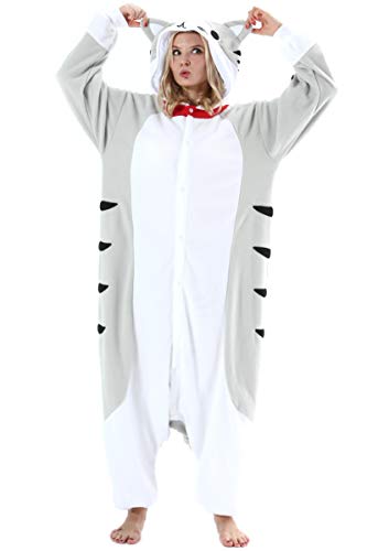 ULEEMARK Damen Herren Jumpsuit Onesie Tier Fasching Halloween Kostüm Lounge Sleepsuit Cosplay Overall Pyjama Schlafanzug Erwachsene Unisex Tabby Katze for M