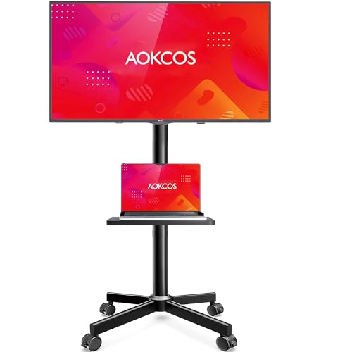 AOKCOS TV Ständer Rollbar für 32-65 Zoll Fernseher, TV Wagen mit Tablett, Fernsehständer Höhenverstellbar, Mobiler TV Standfuss mit Rollen, TV Rollwagen bis 40kg, Max. VESA 400x400mm