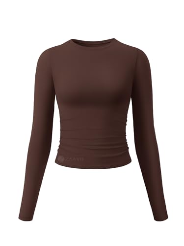 ZAAYO Basic Langarmshirt Sport Oberteile Damen Compression Long Sleeve Shirt Crop Top ThermounterwäSche Damen Langarm Coffee S