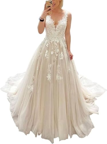 JAEDEN Brautkleid V-Ausschnitt Tüll Spitze Hochzeitskleider für Damen A-Linie Standesamt Kleid mit Schleppe Elfenbein 40