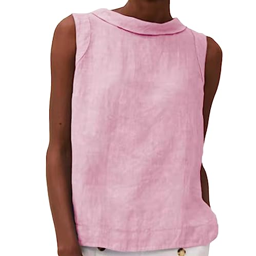 CGGMVCG Damen Leinen Tank Tops Einfarbig Big Drop Kragen Lose Plissee Zwei Frauen ärmellose Tops, Rosa, M