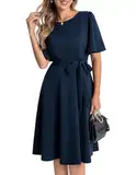 Bbonlinedress Abendkleider elegant für Hochzeit Sommerkleid Damen elegant Kurzarm festliches Kleid midilang Party Cocktailkleid mit Gürtel Navy M
