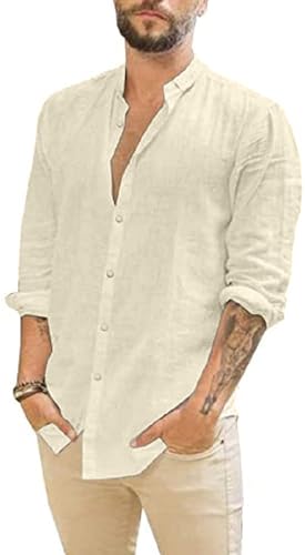 Friptspyg Leinenhemd Herren Hemd Langarm Baumwolle Leinen Hemden Button-Down Freizeithemden Casual Regular Fit Sommerhemd, Beige S