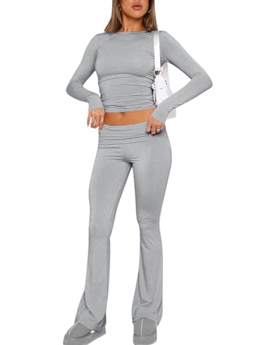 ABINGOO Damen Baumwoll Lounge Set Oberteil Und Schlaghose Set Geschnittene Yoga Trainingsanzug Zweiteiliger Outfit Schmal Loungewear Set(Grau,M)