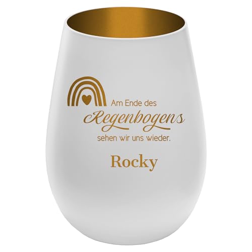 Trauerlicht Gedenklicht für Haustier mit schönem Spruch - Außen Weiß/Innen Gold - Design 8 - personalisierbar mit Name - Höhe 12 cm - Gravur Windlicht Teelichthalter Hund Katze