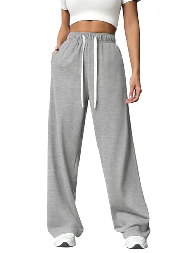 PINSPARK Jogginghose Damen Sporthose Lang Baggy Traininghose High Waist Freizeithose Lockere Sweatpants mit Elastischem Bund Weites Gerades Bein Yoga Gym Hose Laufhosen Hellgrau M