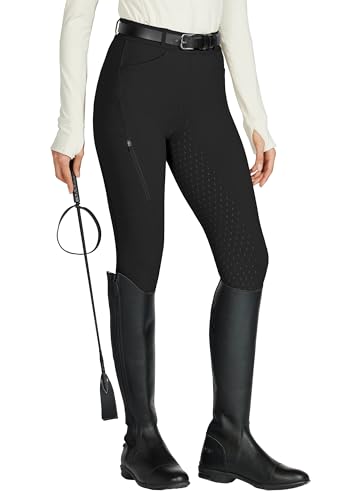WILLIT Damen Reithose Reitleggings Vollbesatz Silikon Reithose High Waist Stretch Reithose mit Reißverschlusstasche Gürtelschlaufen Schwarz M