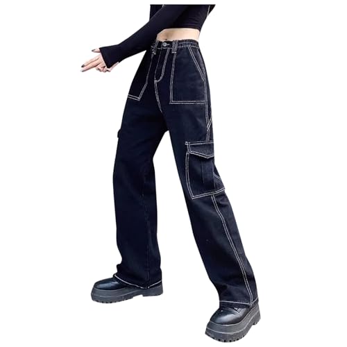 54 56 Damen Cargohose mit hoher Taille und weitem Bein, lässige Hose mit 6 Taschen Thermohose Damen Stretch (Black, XXXL)