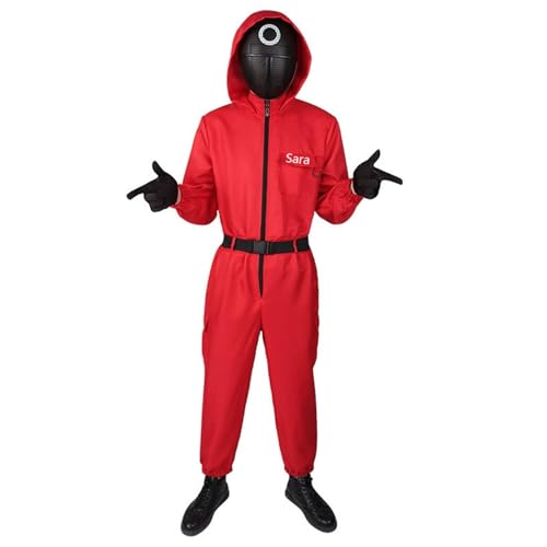 DIY Name numerisch Kostüme Kinder,Squid Karneval Kostüm für Kind Game 2 spiel Fasching Costume Soldat Cosplay Rot Overall mit Kapuze Set(Ohne Maske)