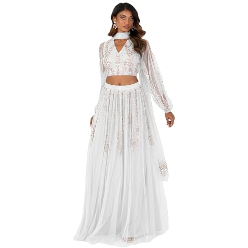 Maya Deluxe Women's Indian Traditional Dress Women Outfit Choli Lehenga Saree Skirt and Top Dupatta Coord Set for Wedding Guest Lengha, Grey Gold, 14