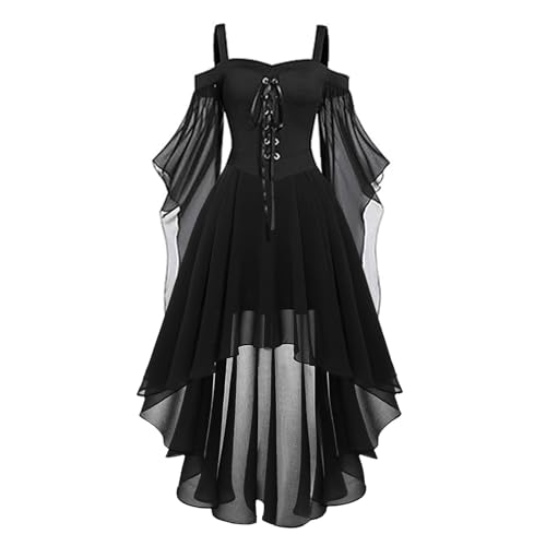 Mittelalter Kleider Damen Halloween Kleid Damen Mittelalter Kleidung Renaissance Partykleid Gothic Kleider Fledermausärmel Schulterfrei Vintage Schwarz Hexenkleid Vampir Verbandkleid für Cosplay