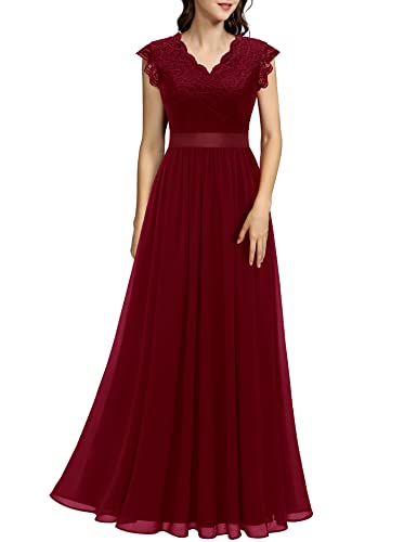Dressystar Damen Lang Ballkleid Spitze Chiffon V Ausschnitt Maxilang Abendkleid Elegant für Hochzeit Cocktailkeider Dunkelrot XXL