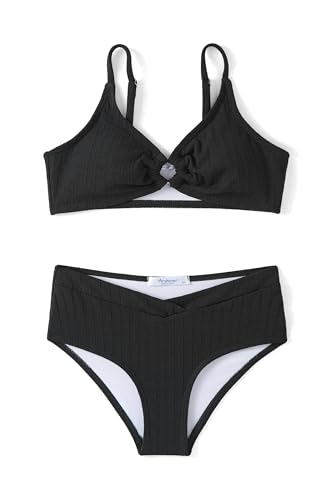 Arshiner Mädchen Bikini-Set Gerippter Sommer Kinder Zweiteiliger Badeanzug Einfarbige Mode StrandBikinis für Mädchen 13-14 Jahre Schwarz