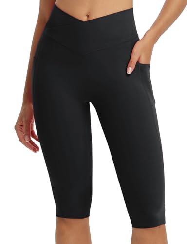 baleaf Damen Yoga Capri Leggings mit Taschen Sport Leggings High Waist Knielange Yogahose Kurze Radlerleggings Slim Fit Gym Casual Sommer Schwarz XL