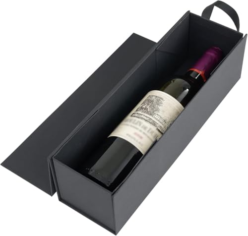 Geschenkverpackung für weinflaschen, 33 x 9,5 x 9,5 cm, schwarze Weinflaschenboxen mit Griff für Spirituosen und Champagner, zusammenklappbare Geschenkbox mit Magnetverschluss für Partys (Schwarz）
