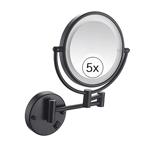 RHIYMWHKN LED-beleuchteter Schminkspiegel zur Wandmontage, doppelseitig mit 5-facher Vergrößerung, 360 ° drehbarer Schminkspiegel, Badezimmer-Kosmetik-Erweiterungsspiegel, 8 Zoll, Schwarz(Plug5x)