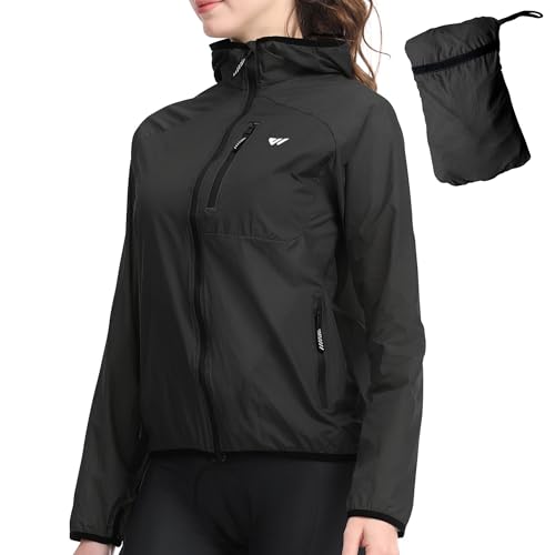 Wulibike Fahrradjacke Damen Faltbare Regenjacke Leicht und Atmungsaktiv Laufjacke Reflektierende Windbreaker für Radfahren,Trekking und Outdoor Schwarz A2=S