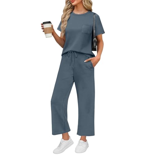 DHYUEN Jogger Set Damen Locker Sommer Sommeranzug Hosenanzug Damen Festlich Elegant 2 Teilig Hochzeit Leichte Jogginganzug Sportanzug Vintage Sportkleidung Frauen Set Aesthetic Clothes（2-Blue，XL）