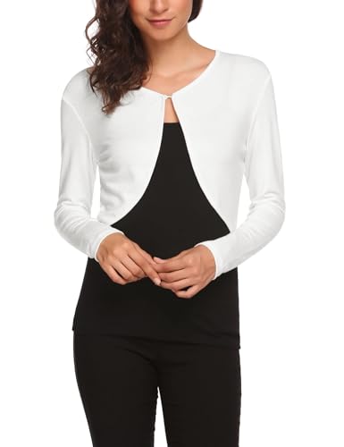 Hotouch Bolero Damen Festlich Elegant Langarm Kurze Strickjacke mit Knöpfe Weiches Jäckchen zum Kleid Top für Herbst Frühling Weiß XXL